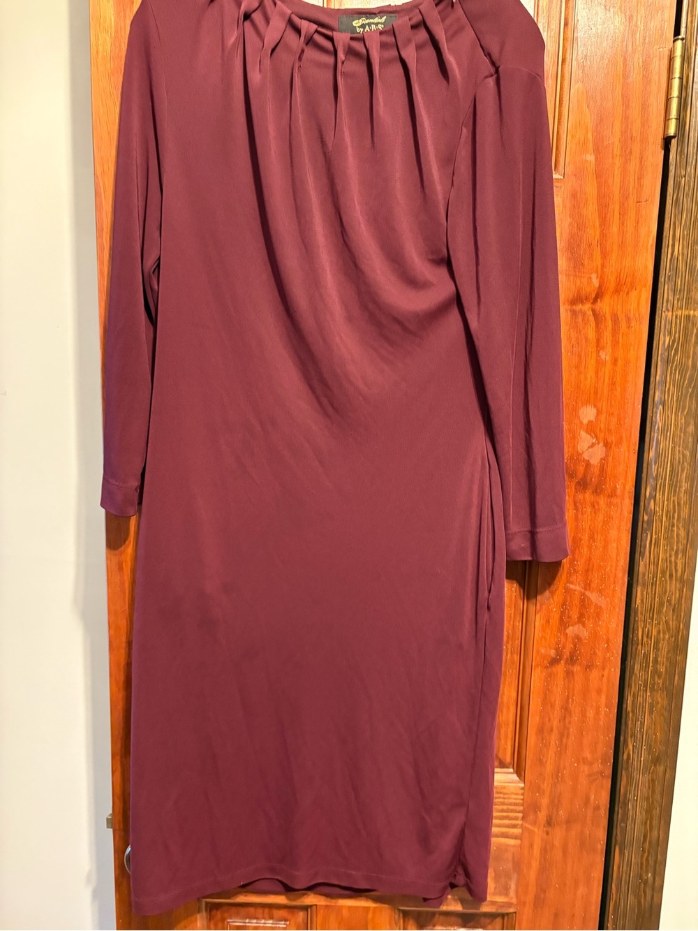 Essentials by ABS  Long Sleeve Pleated Neck Dress - Burgundy